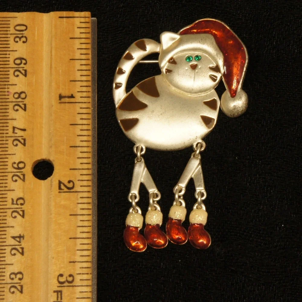 Christmas Cat Brooch Dangling Legs Pin Silver Tone Enamel Holiday Figural TC